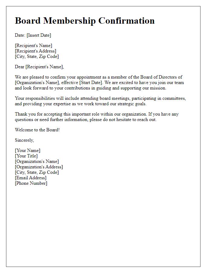 Letter template of Board Membership Confirmation