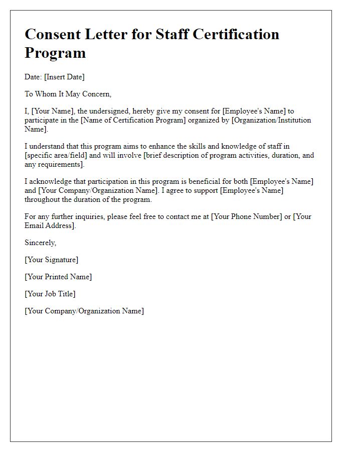 Letter template of consent for staff certification programs