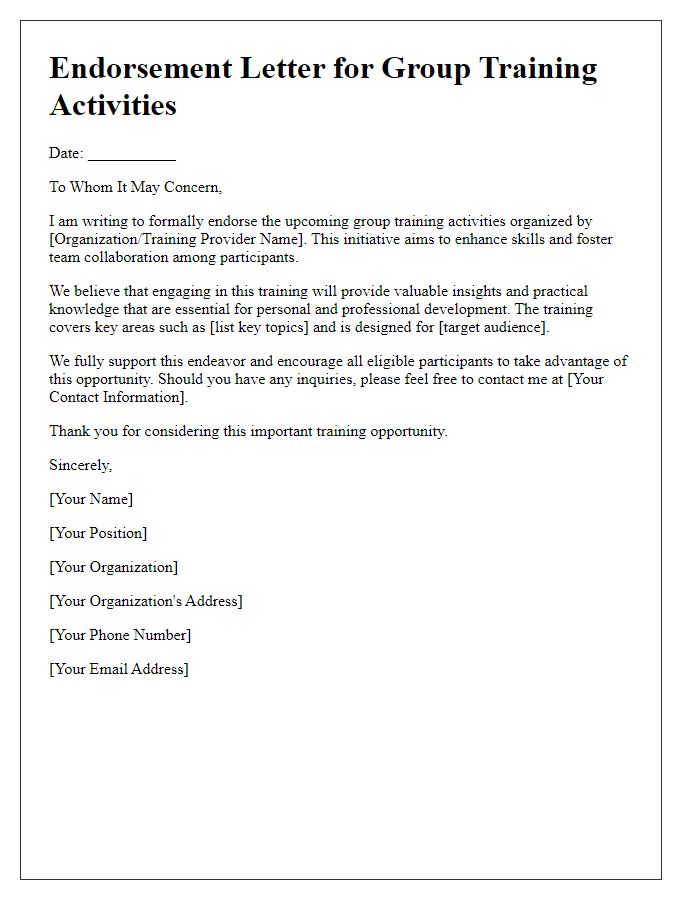 Letter template of endorsement for group training activities