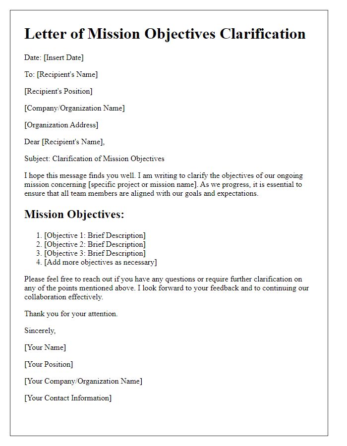 Letter template of mission objectives clarification