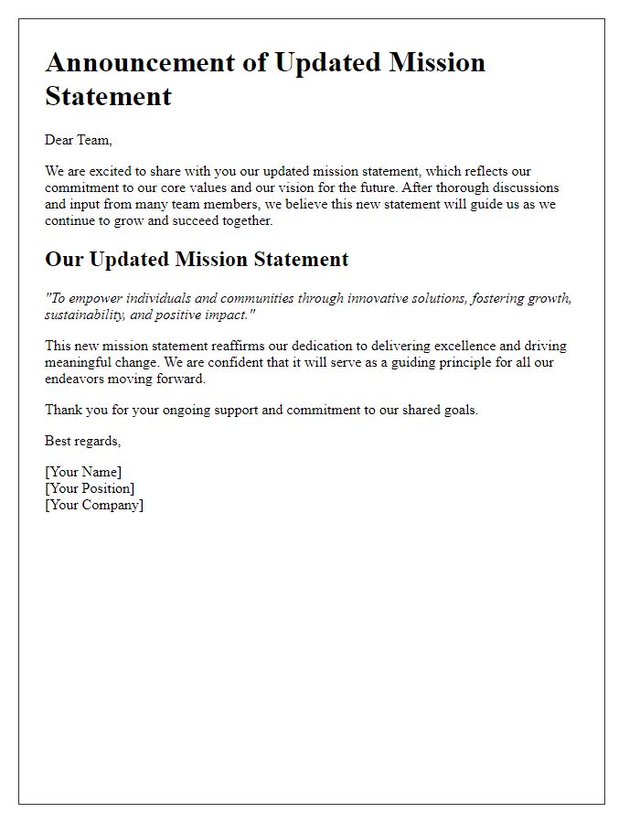 Letter template of updated mission statement sharing