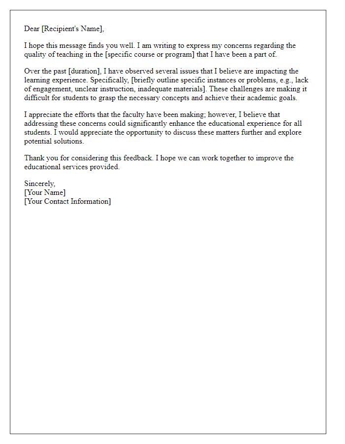 Letter template of feedback on inadequate teaching quality in educational services