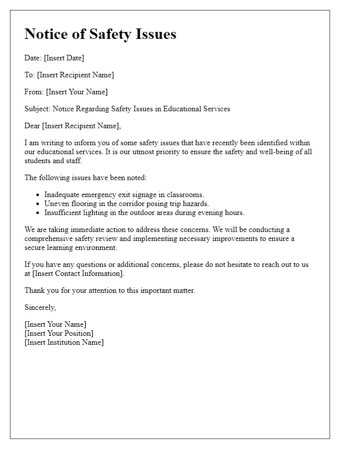 Letter template of notice regarding safety issues in educational services