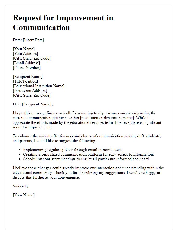 Letter template of request for improvement in communication from educational services