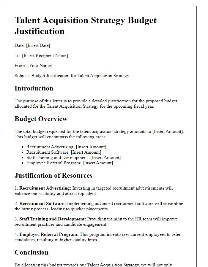 Letter template of talent acquisition strategy budget justification and resources