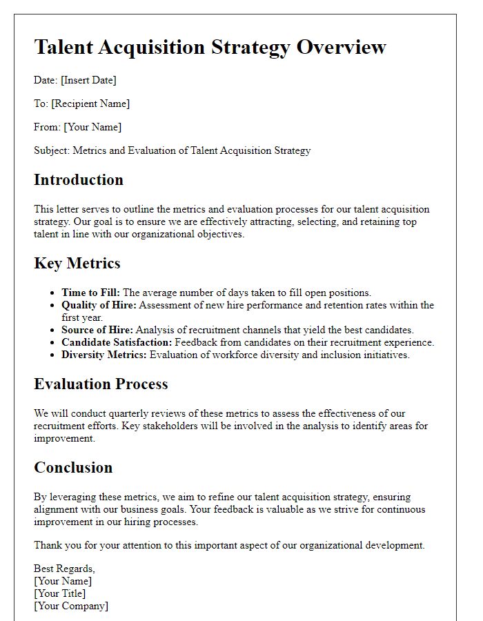 Letter template of talent acquisition strategy metrics and evaluation