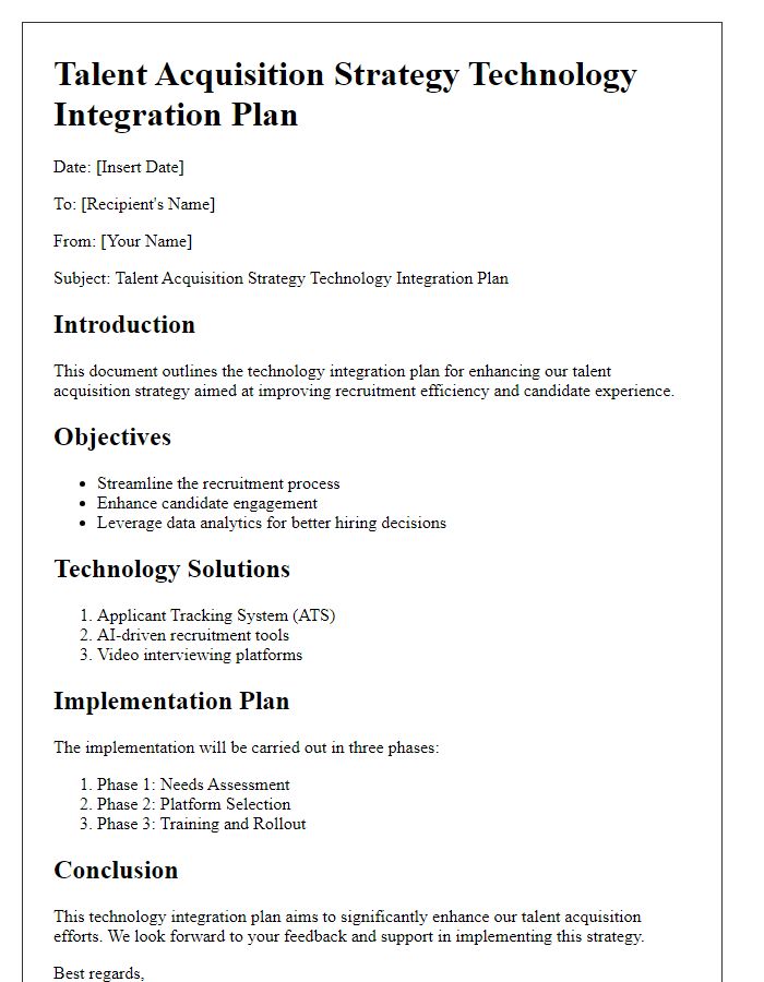 Letter template of talent acquisition strategy technology integration plan