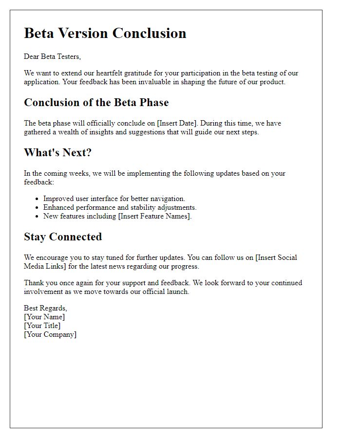 Letter template of beta version conclusion and future updates