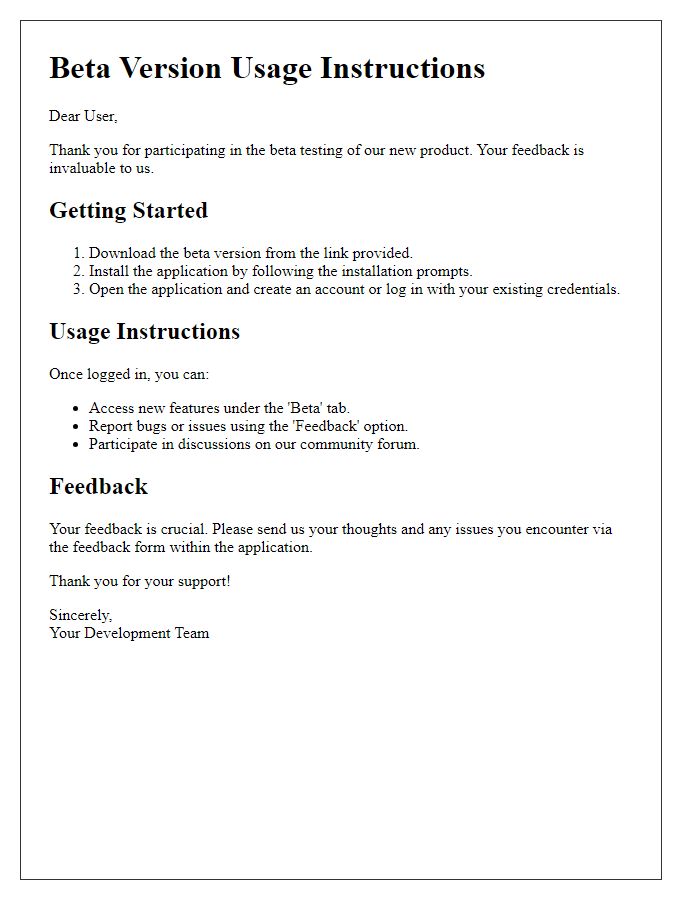 Letter template of beta version usage instructions