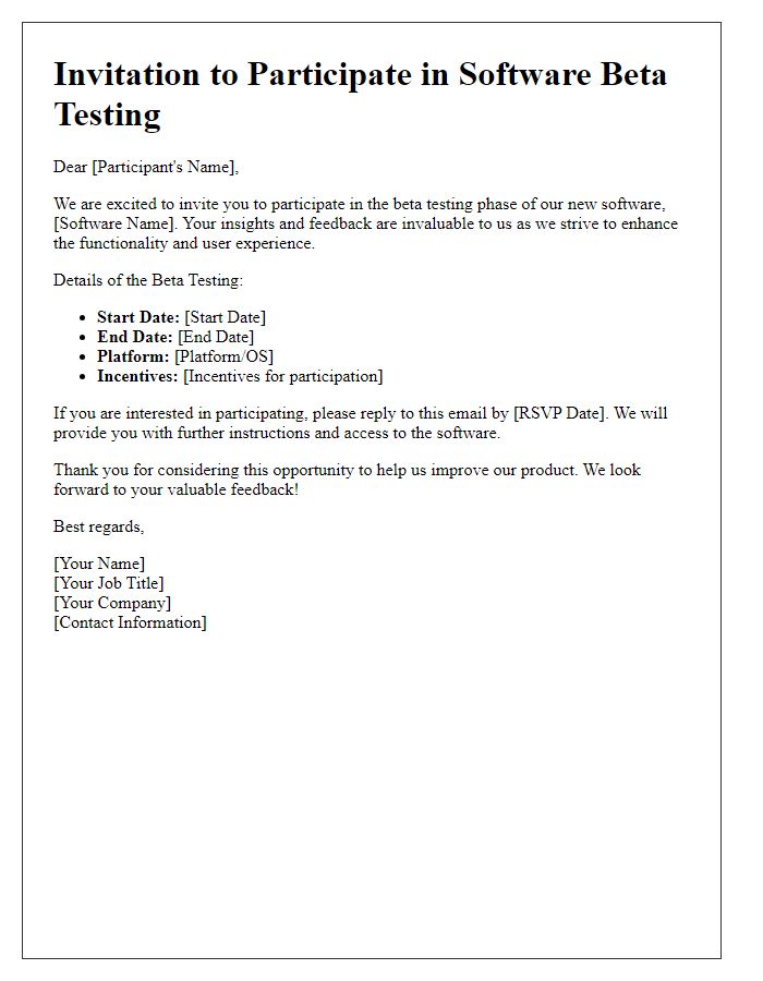 Letter template of invitation to participate in software beta testing