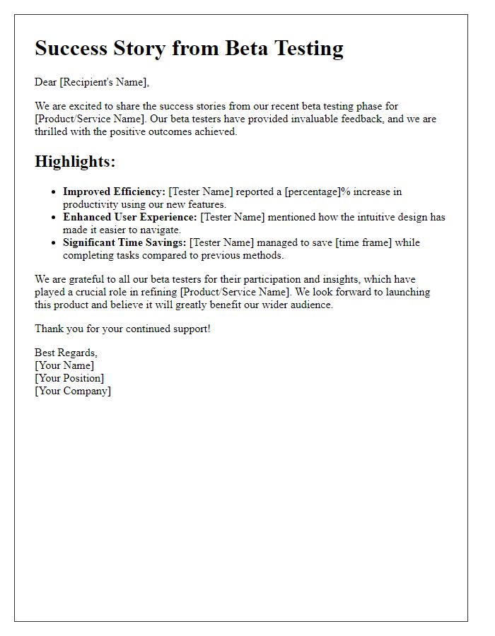 Letter template of success stories from beta testing