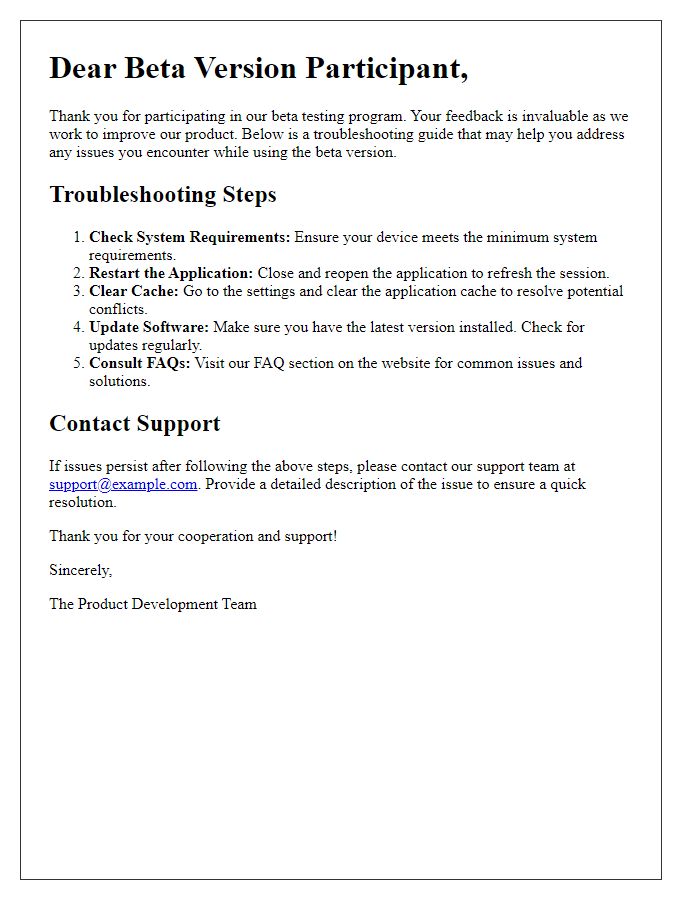 Letter template of troubleshooting guide for beta version participants