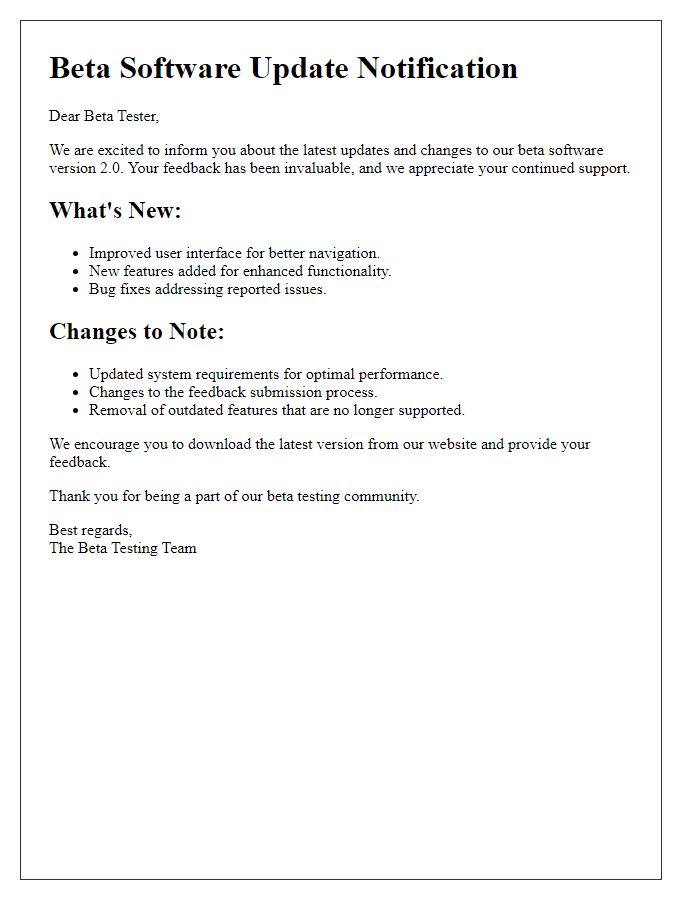 Letter template of updates and changes in beta software