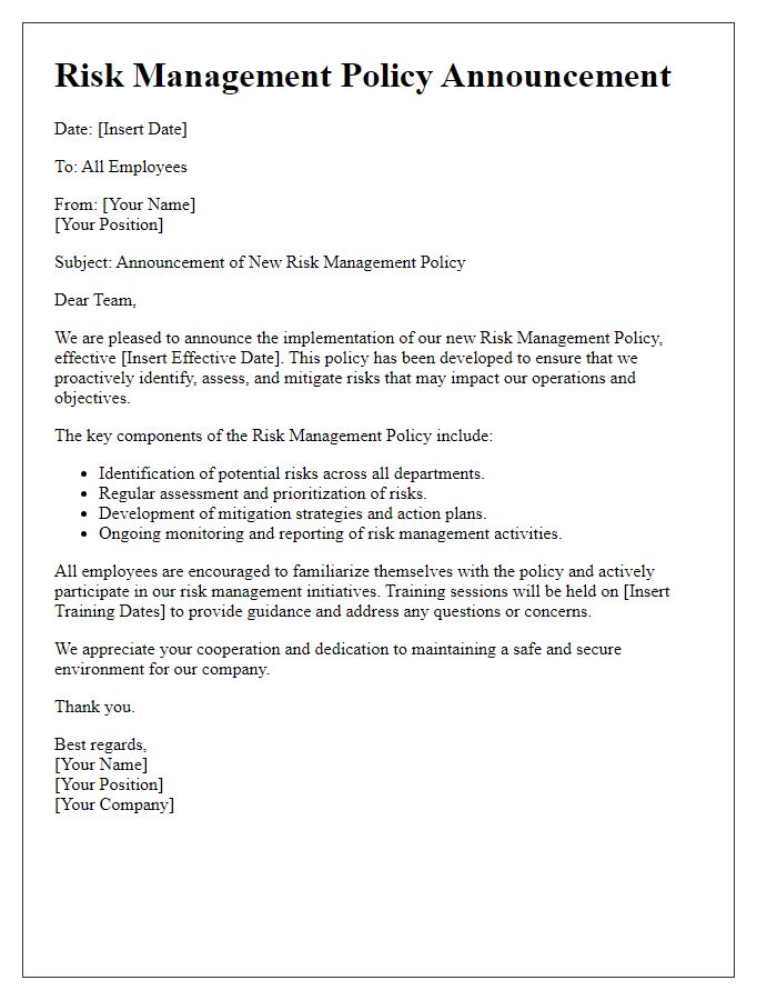 Letter template of risk management policy announcement