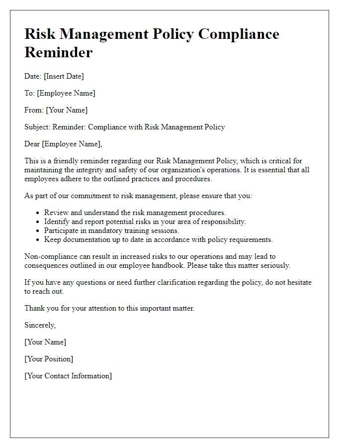 Letter template of risk management policy compliance reminder