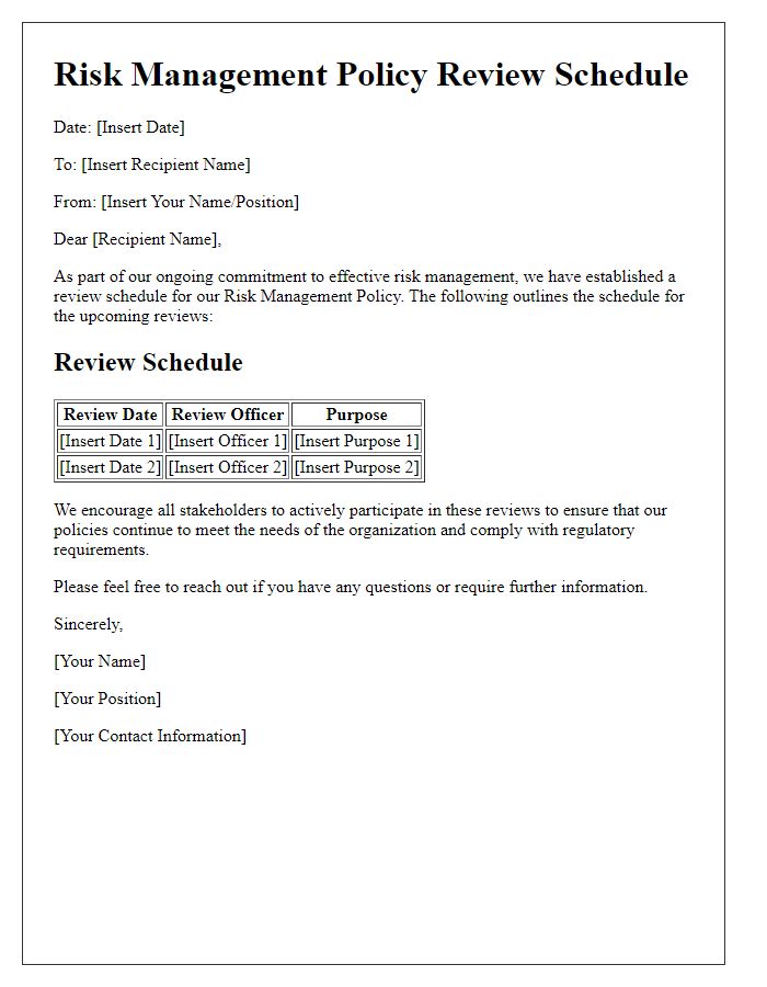 Letter template of risk management policy review schedule