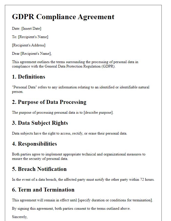 Letter template of GDPR Compliance Agreement