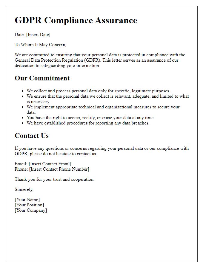 Letter template of GDPR Compliance Assurance