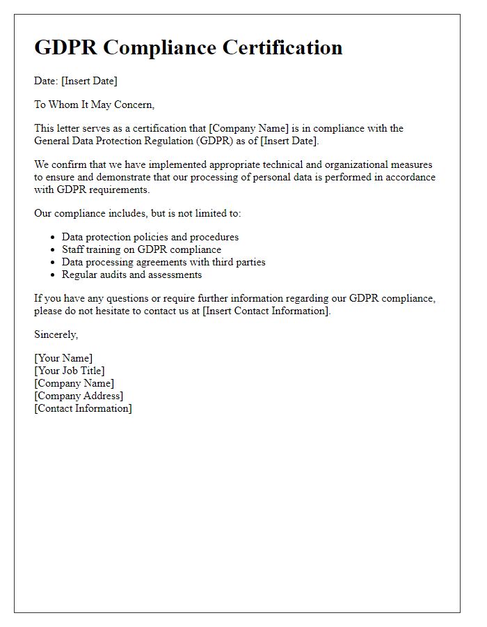 Letter template of GDPR Compliance Certification