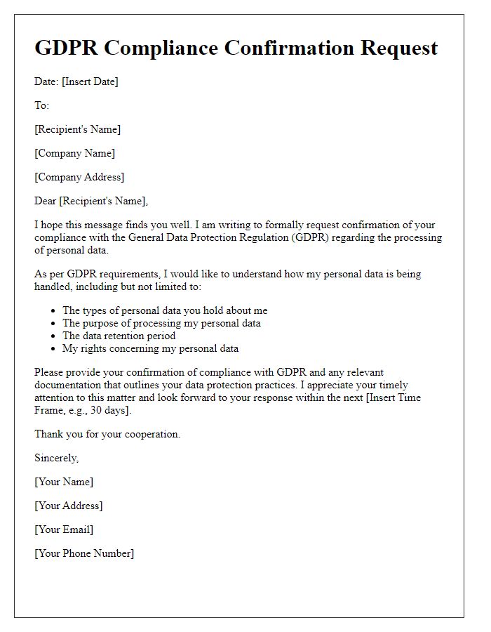 Letter template of GDPR Compliance Confirmation Request