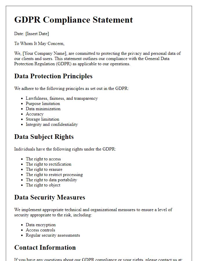 Letter template of GDPR Compliance Statement