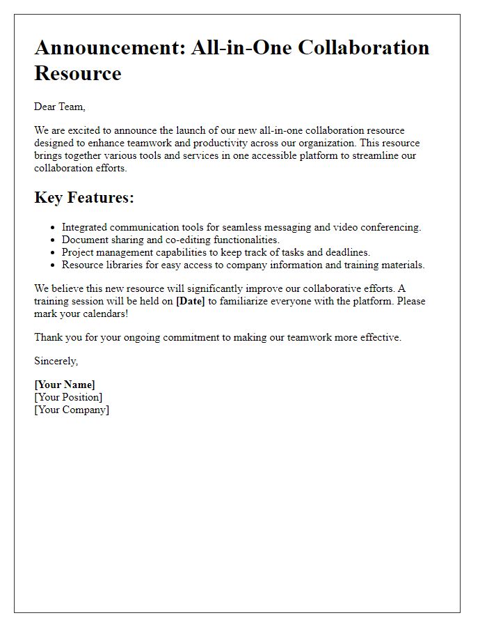 Letter template of all-in-one collaboration resource announcement