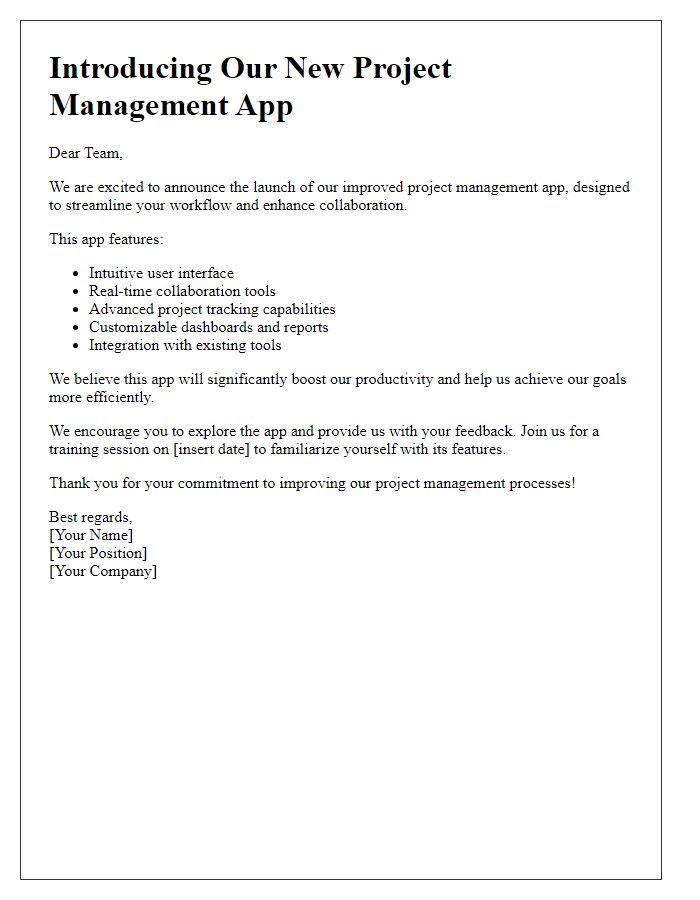 Letter template of improved project management app introduction