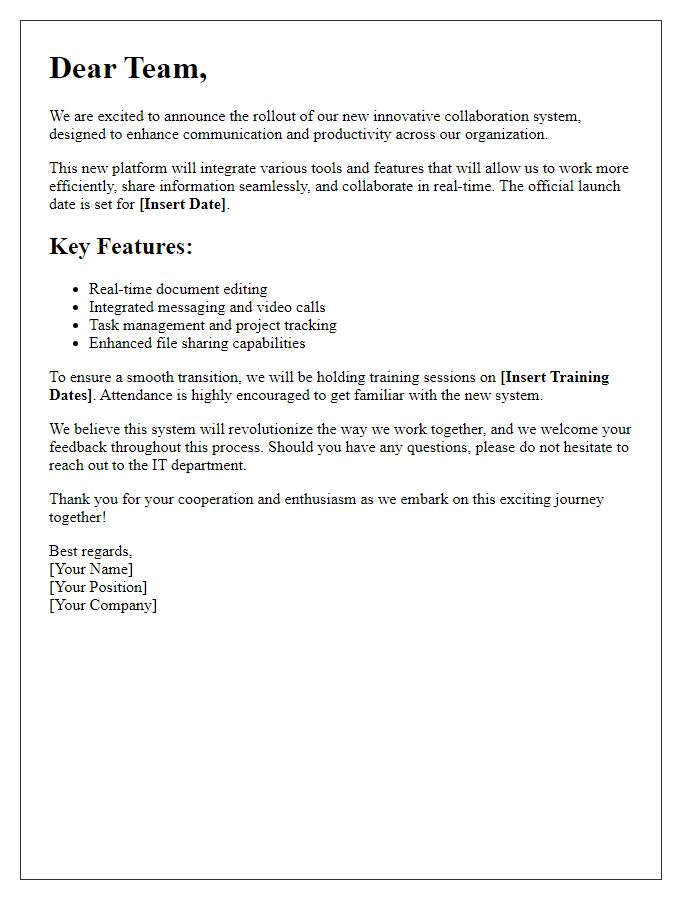 Letter template of innovative collaboration system rollout