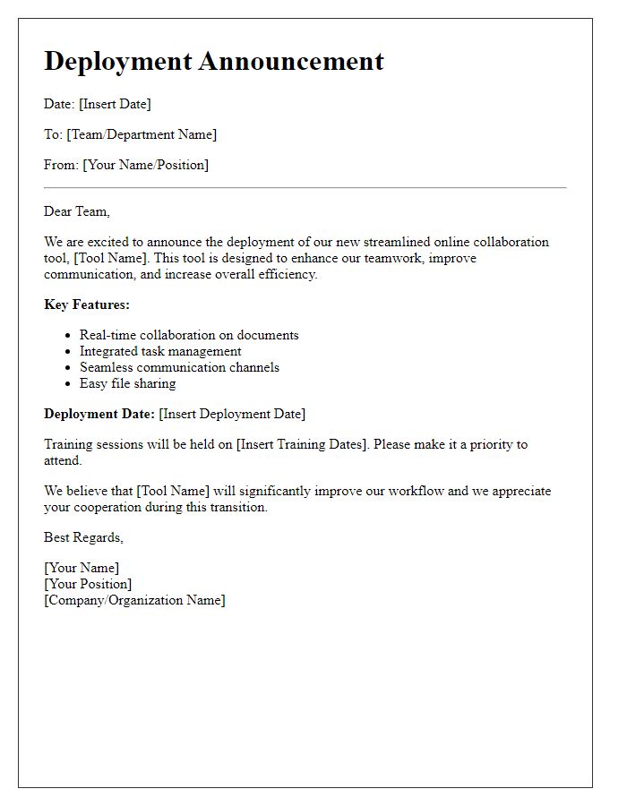 Letter template of streamlined online collaboration tool deployment