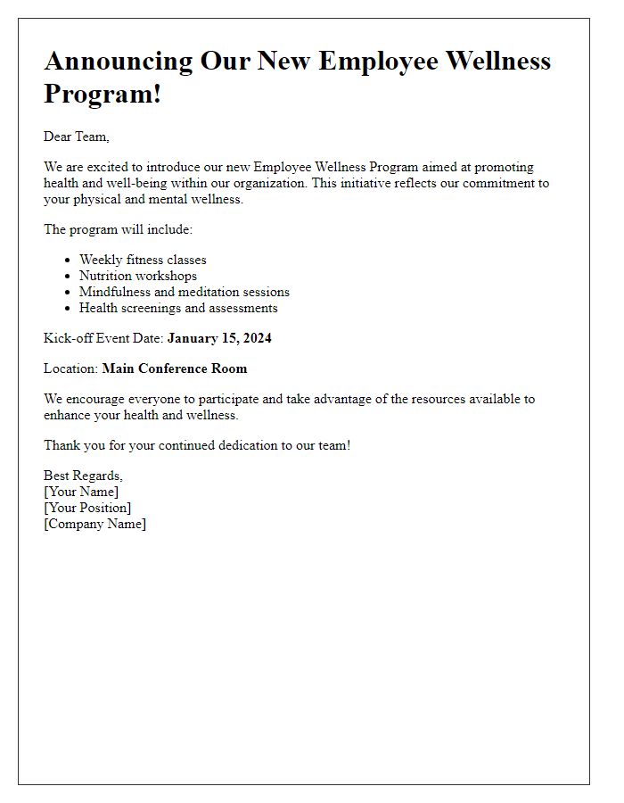 Letter template of employee wellness program announcement