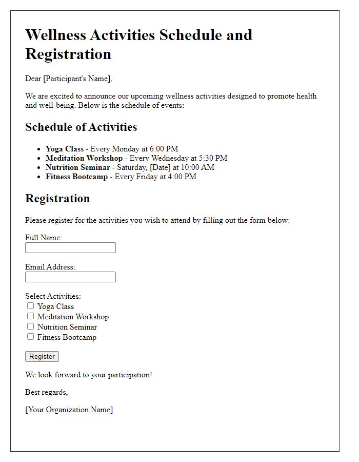 Letter template of wellness activities schedule and registration