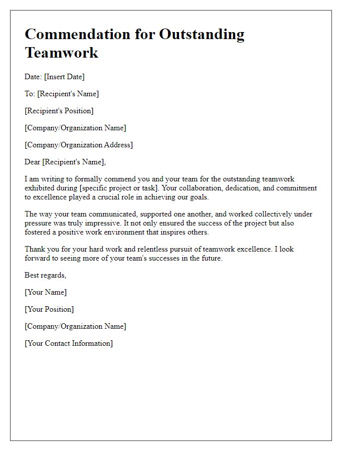 Letter template of commendation for teamwork excellence