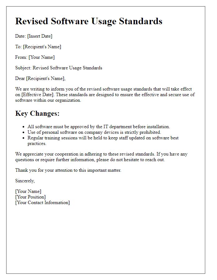 Letter template of revised software usage standards