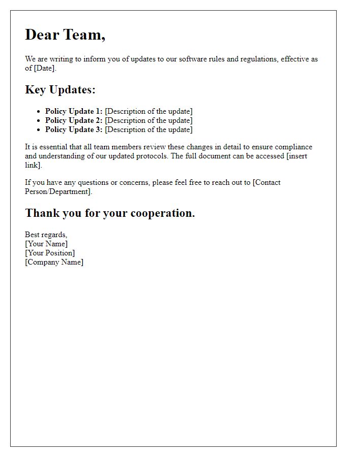 Letter template of software rules and regulations update