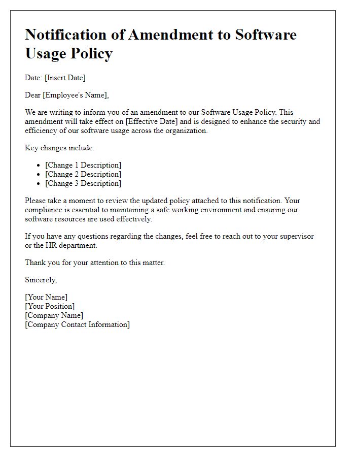 Letter template of software usage policy amendment notification