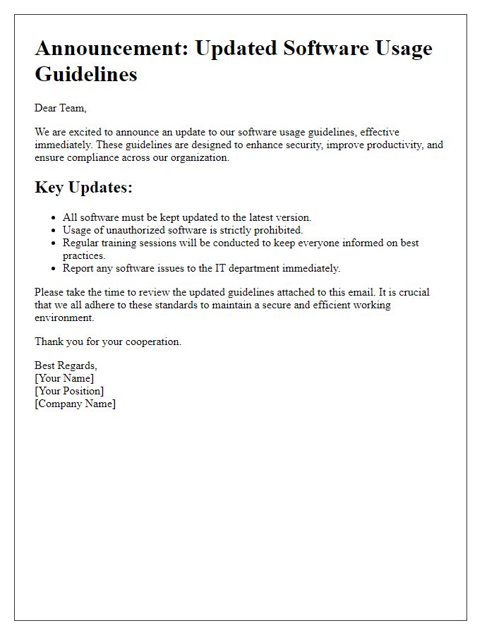 Letter template of updated software usage guidelines announcement