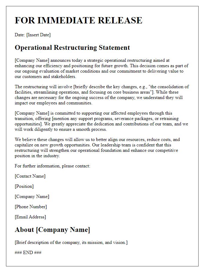 Letter template of operational restructuring statement for media release