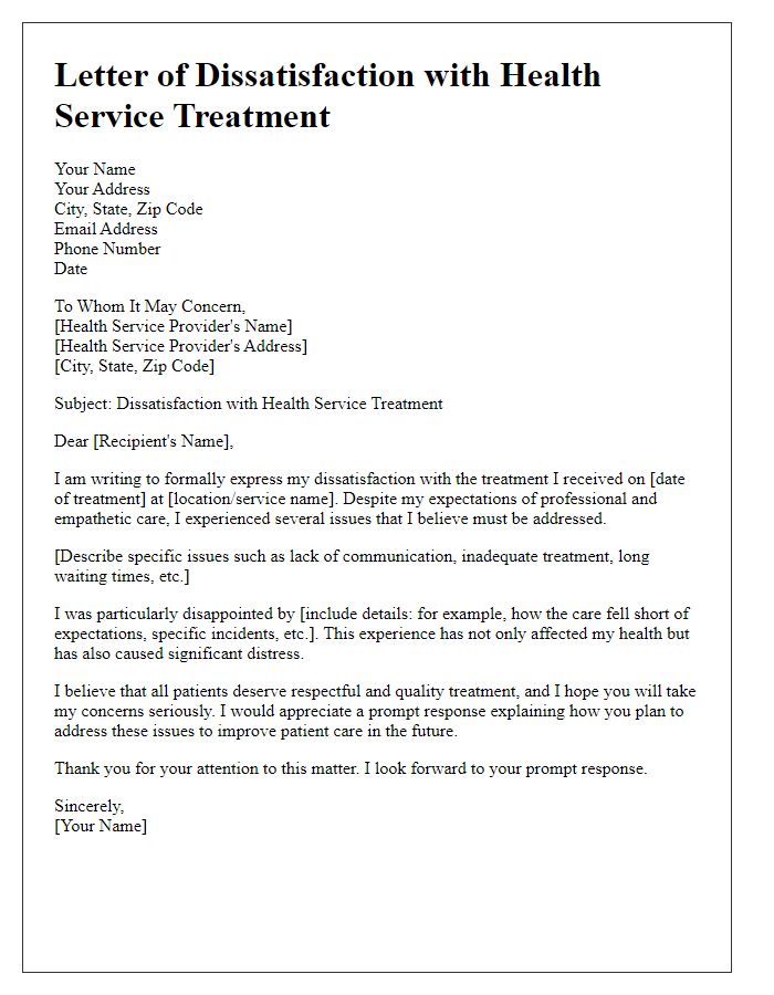 Letter template of dissatisfaction with health service treatment received.