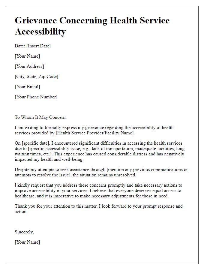 Letter template of grievance concerning health service accessibility.