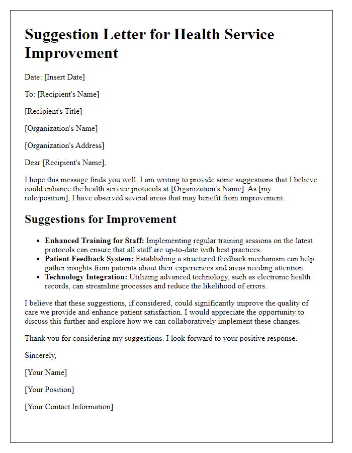 Letter template of suggestion for improvement in health service protocols.