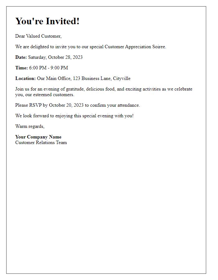 Letter template of Special Invitation to Our Customer Appreciation Soire