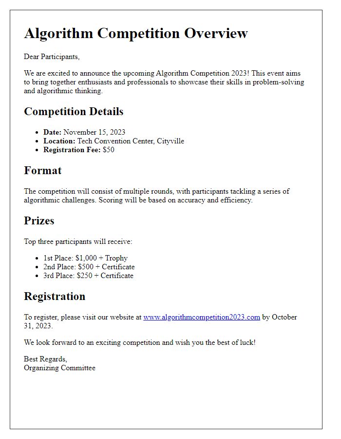 Letter template of algorithm competition overview