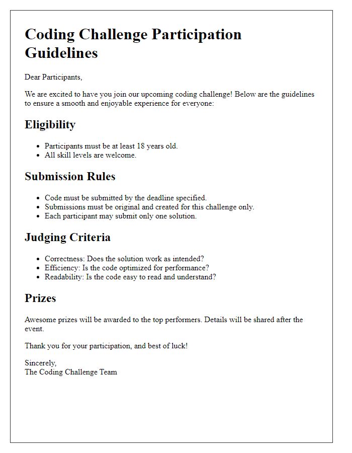 Letter template of coding challenge participation guidelines