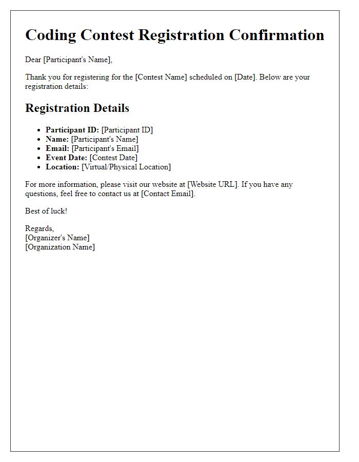 Letter template of coding contest registration details