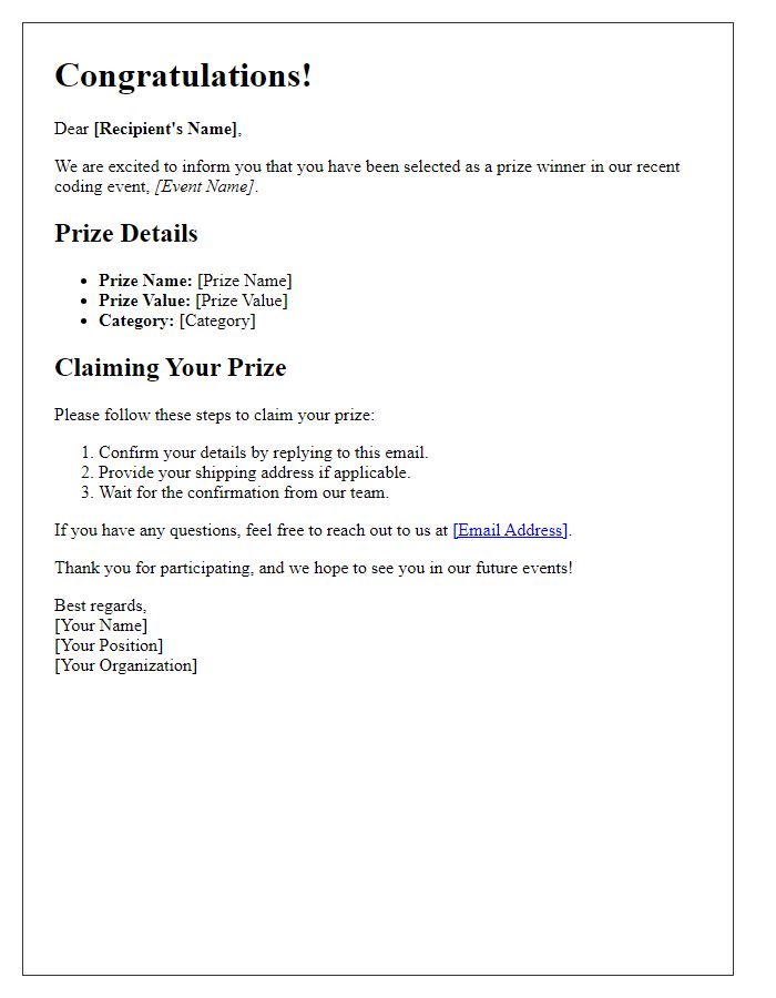 Letter template of coding event prize details