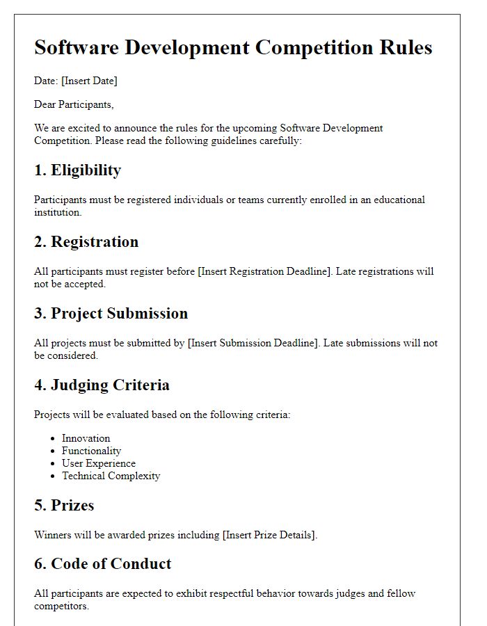 Letter template of software development competition rules