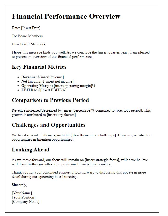 Letter template of financial performance overview for board members