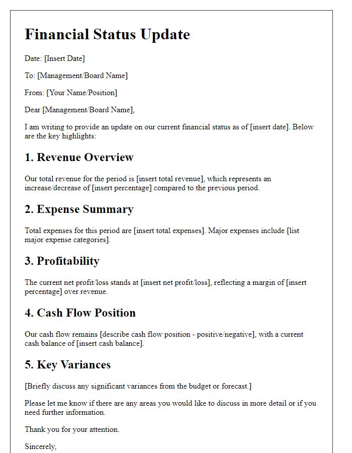 Letter template of financial status update for management