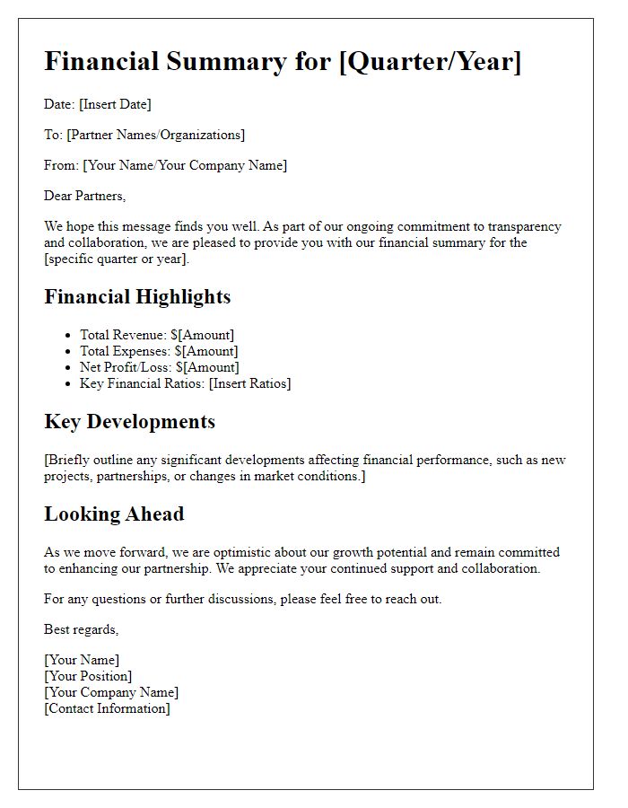 Letter template of financial summary communication for partners