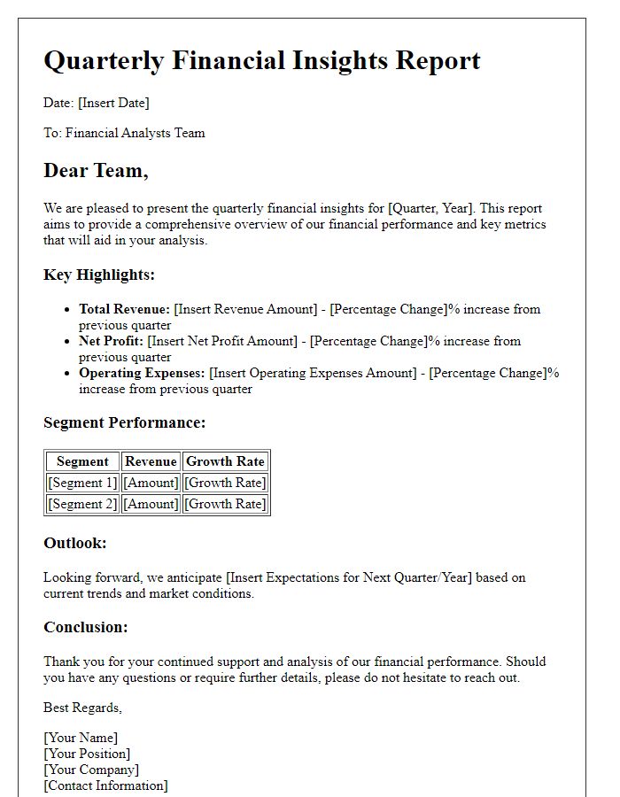 Letter template of quarterly financial insights for analysts